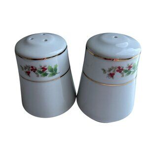 Vintage White Porcelain Salt & Pepper Shakers With Holly And Gold Trim 3"